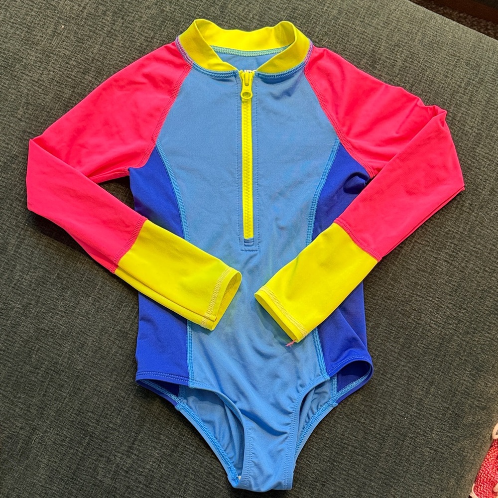 Lands' End Girls' One-Piece Rash Guard Swimsuit in Blue, Pink, Yellow
